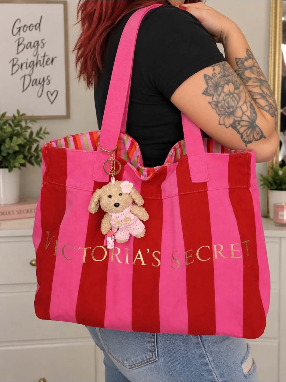 Victoria's Secret Hot Pink & Red Striped Canvas Tote with Gold Logo